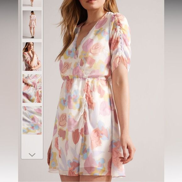 Ted Baker Natural Juleah Ruched Sleeve Detail Mini Dress Size 3 Spring Feminine - Picture 1 of 8
